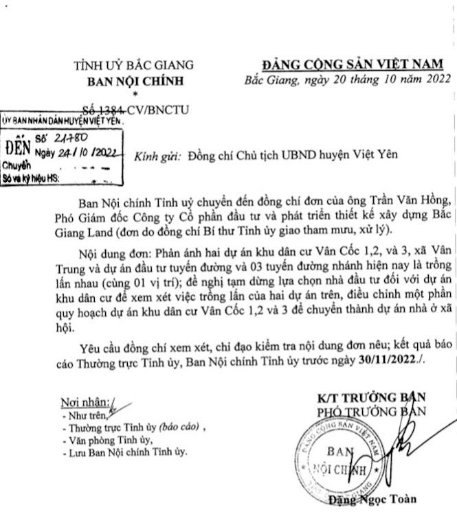 Bắc Giang: 2 Dự án chồng lấn, Ban Nội chính tỉnh ủy yêu cầu Chủ tịch huyện Việt Yên xem xét
