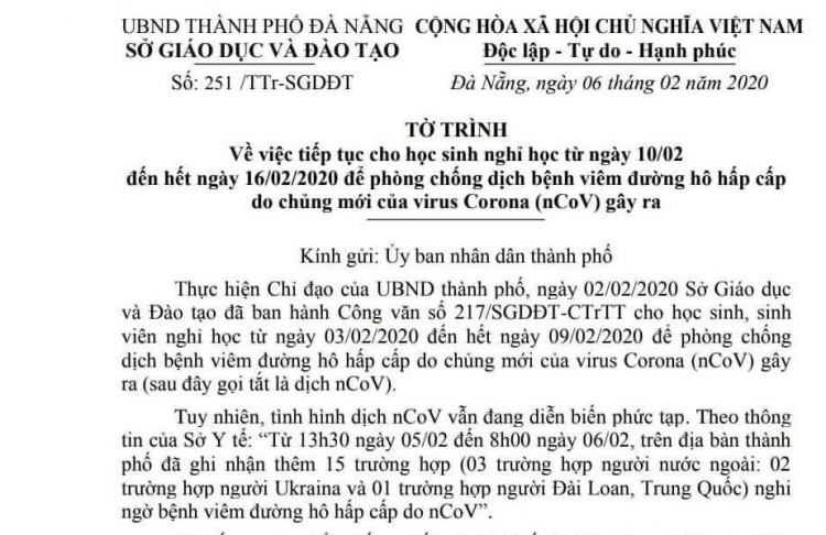 Đà Nẵng tiếp tục cho học sinh nghỉ học đến 16/2 để phòng dịch virus Corona