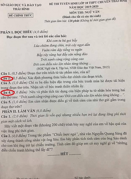 de thi tuyen sinh vao lop 10 mon van tai thpt chuyen thai binh bi to co sai sot