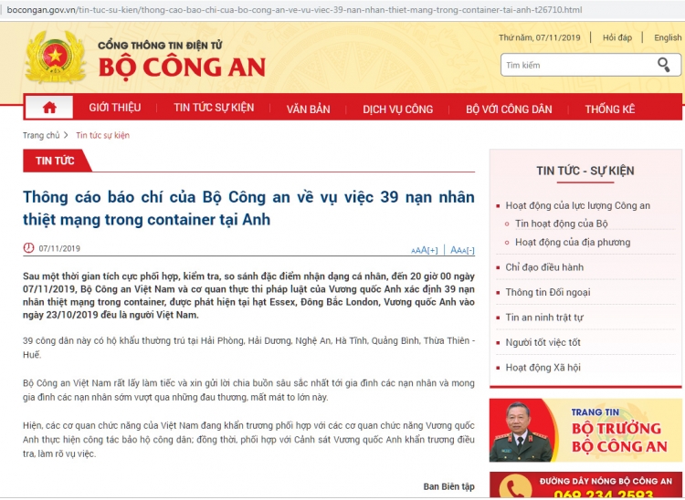 Bộ Công an: 39 người chết trong container ở Anh đều là người Việt Nam