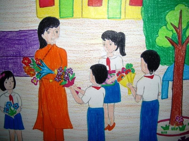 Trẻ nhỏ rất thích tặng hoa tri ân thầy cô - Tranh minh họa
