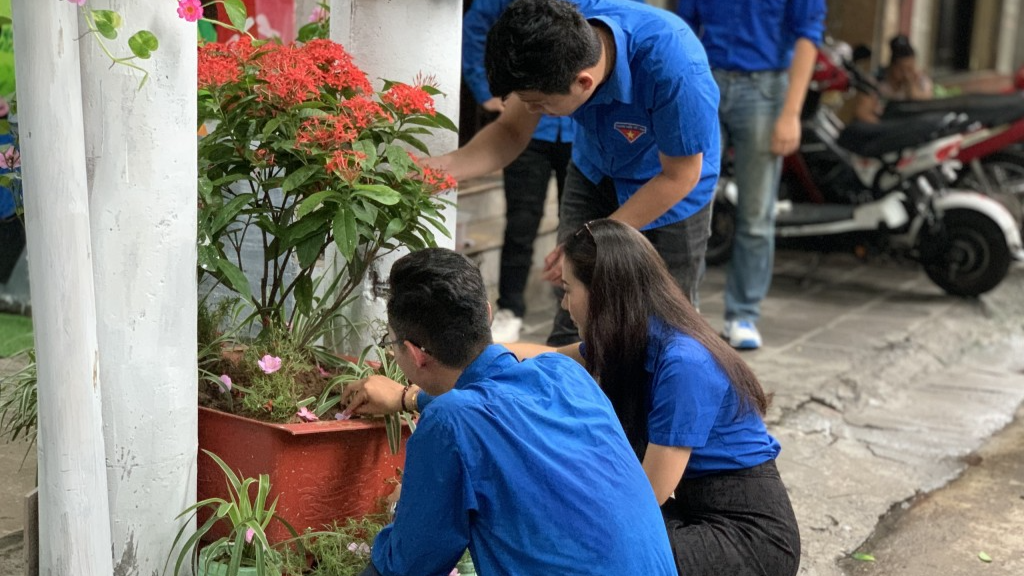 Đoàn viên,thanh niên chăm sóc cây xanh tại ngõ 210 Bạch Đằng