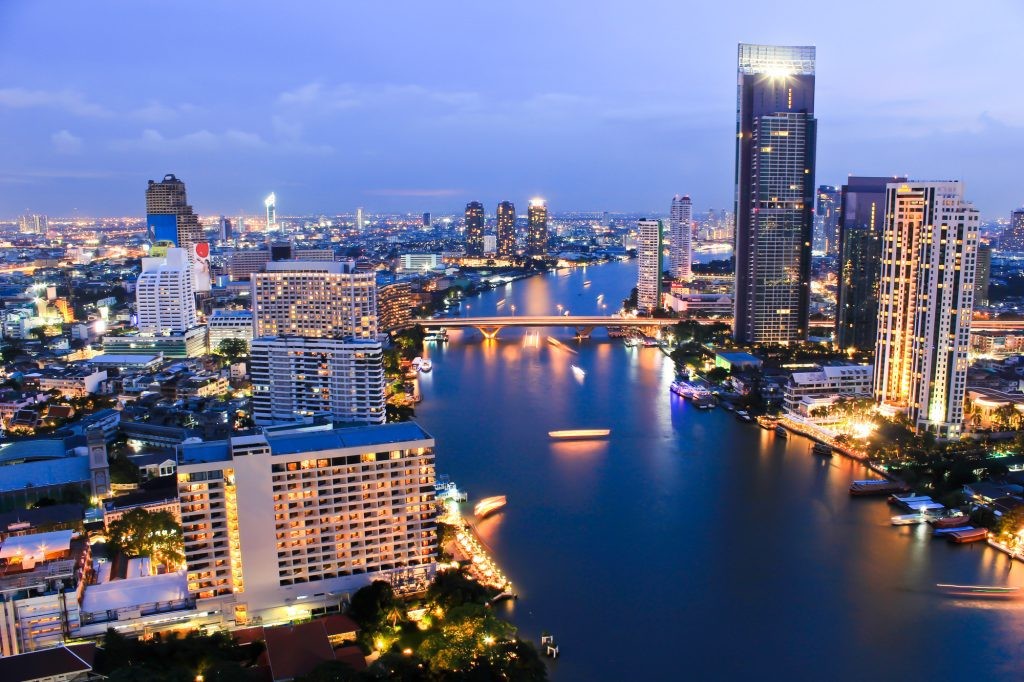 Bangkok and the Chao Phraya River at night, via DepositPhotos