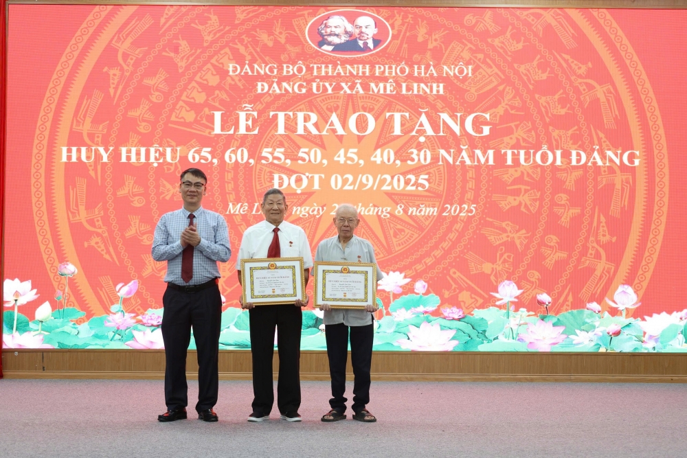 Bí thư Đảng ủy, Chủ tịch HĐND xã Mê Linh Nguyễn Anh Tuấn trao Huy hiệu 65 năm tuổi Đảng tặng các đảng viên