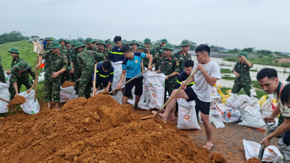 Quân và dân thị xã Sơn Tây khắc phục sự cố đê điều tại xã Đường Lâm