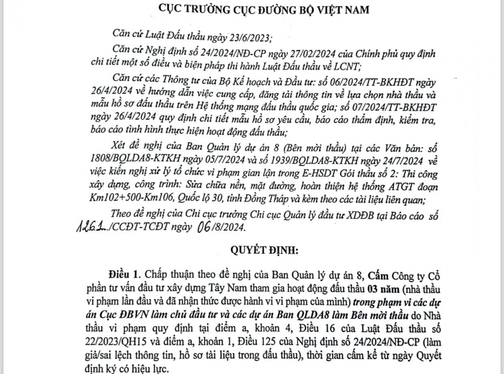 Cấm thầu 3 năm đối với Công ty Cổ phần tư vấn đầu tư xây dựng Tây Nam